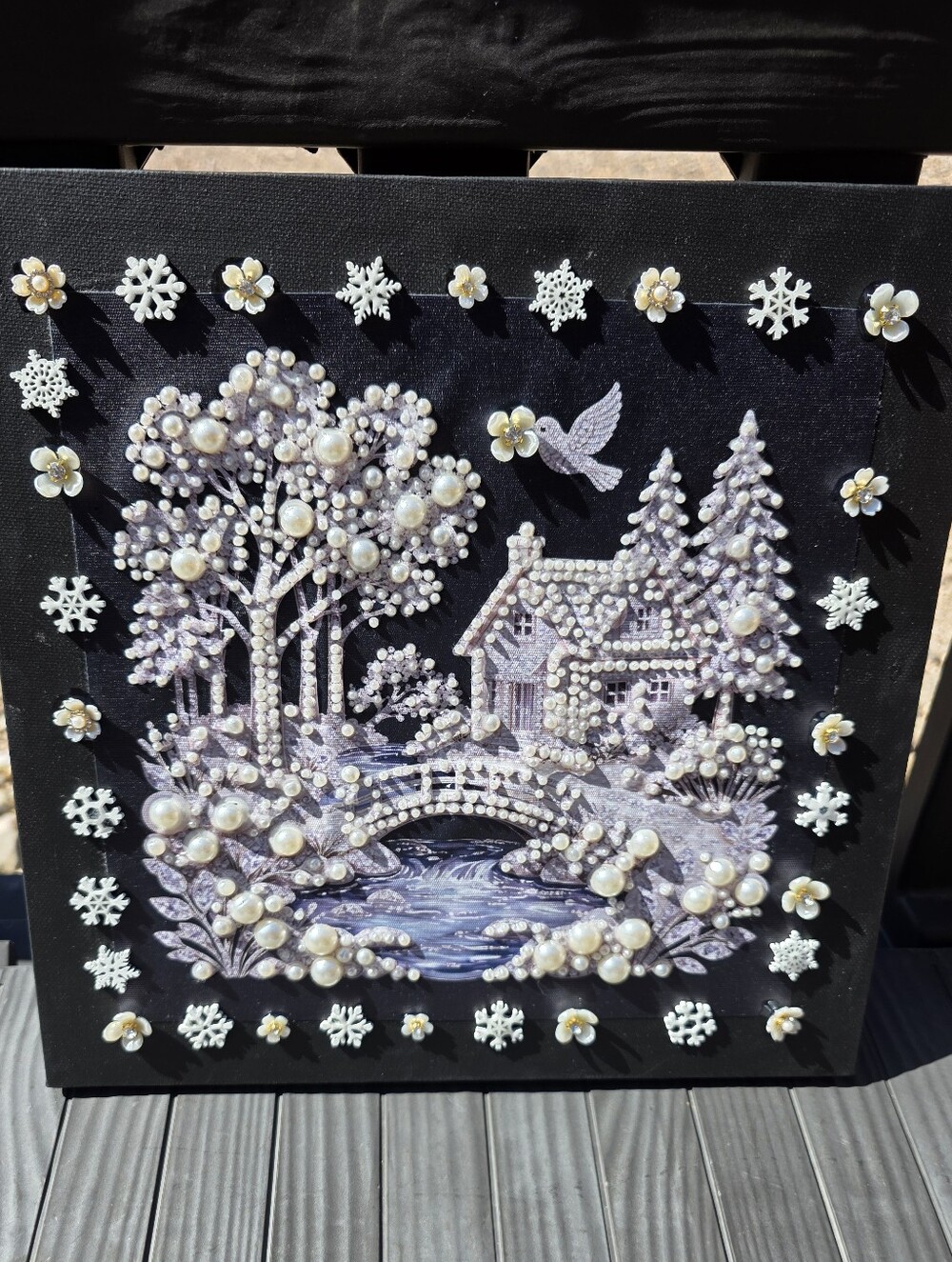Hand Crafted Pearl-Embellished Lilac Winter Cottage Wall Art